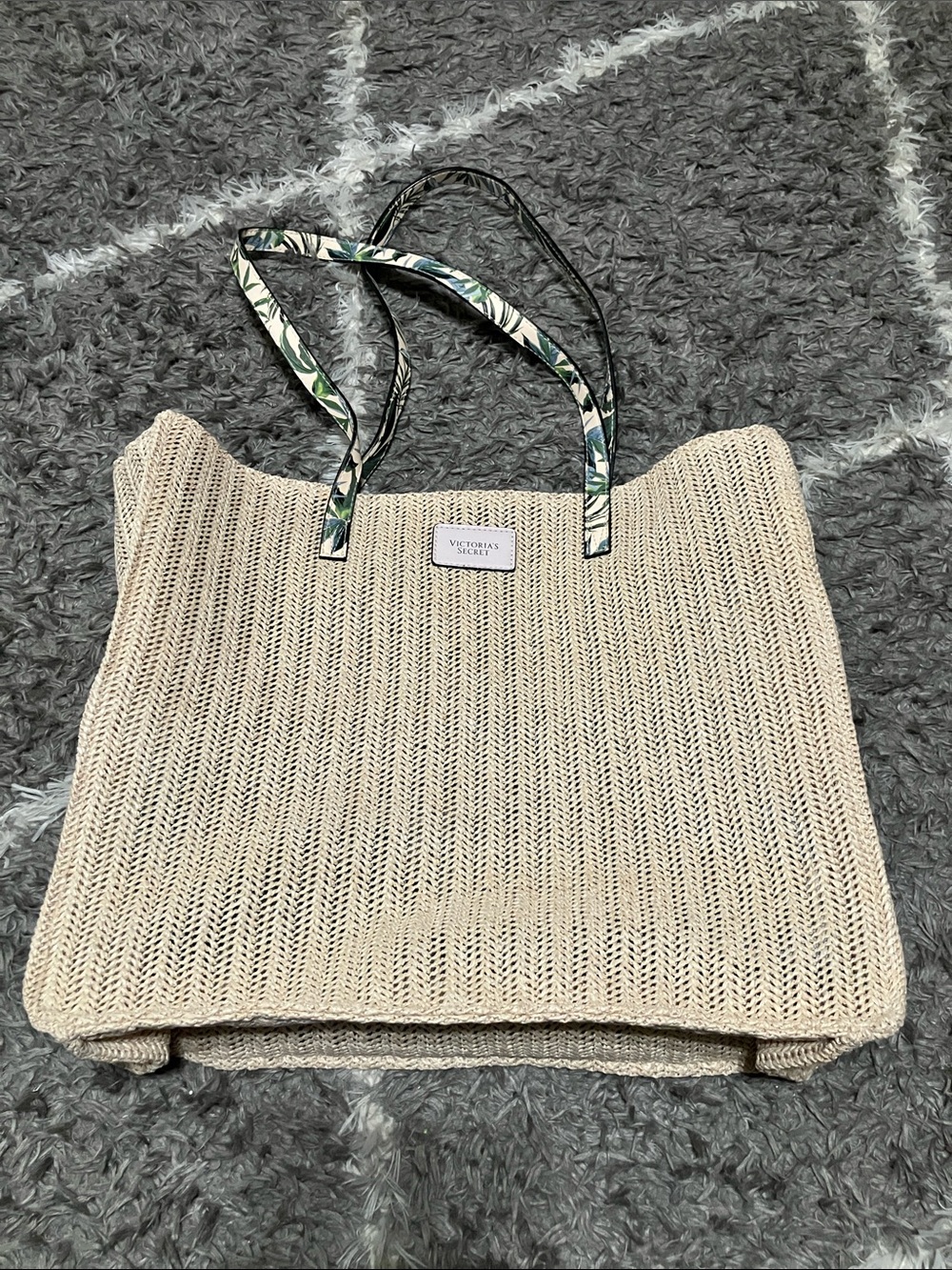 Victoria's Secret Cream Woven Tote with Floral-Trim Handles